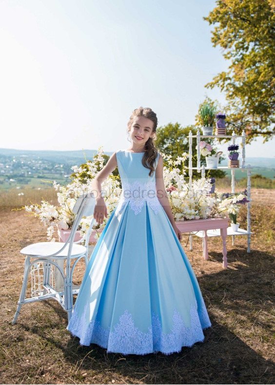 White Lace Sky Blue Satin Box Pleated Classic Flower Girl Dress